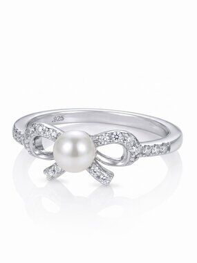 Dainty Pearl Bow Ring, 925 Sterling Silver Charmed Aroma